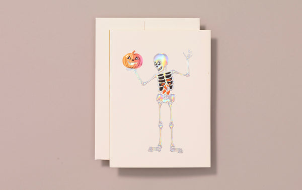 Holographic Foiled Skeleton and Pumpkin Greeting Card