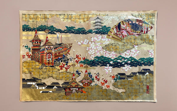 Full-Panel Chiyogami Silk Screen Print, Gold Giro Castle