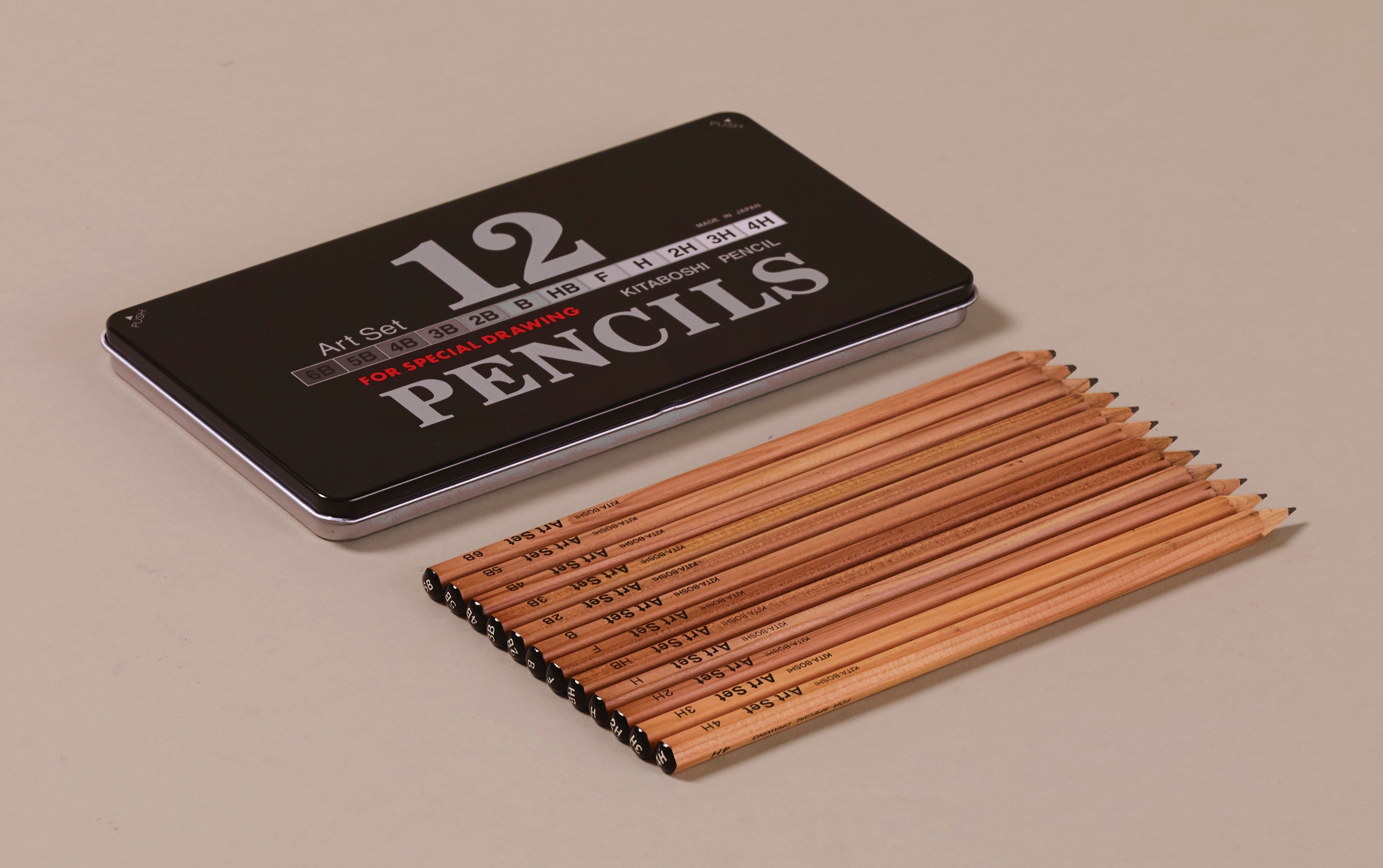 KITABOSHI 9900 Art Set of 12 Pencils 4H to 6B in a Metal Tin Made in Japan  