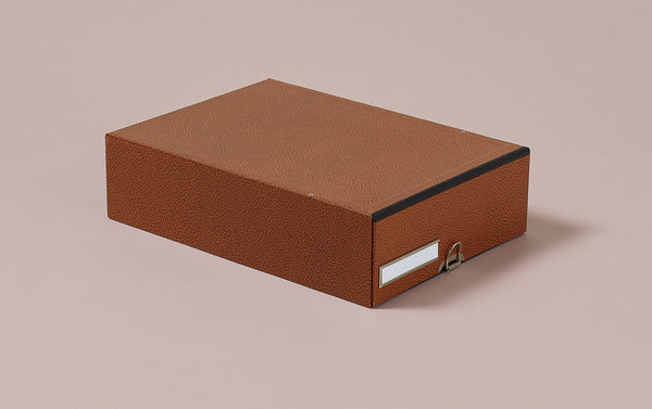 Hardback archival box with drawer and chrome label holder, mottled brown