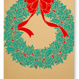 Silk Screen Japanese Postcard, Gold Christmas Wreath