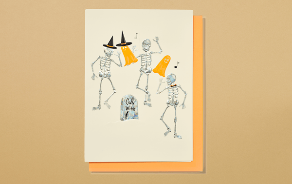 Engraved Halloween Dancing Skeletons Greeting Card