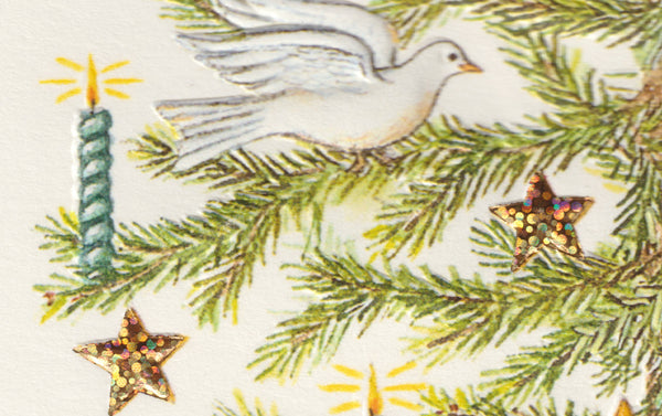 Engraved Christmas Tree Dove Candles Greeting Card