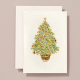 Engraved Christmas Tree, Birds and Snowflakes Greeting Card