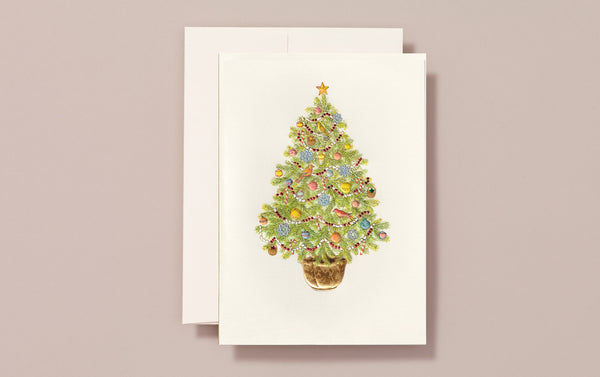 Engraved Christmas Tree, Birds and Snowflakes Greeting Card