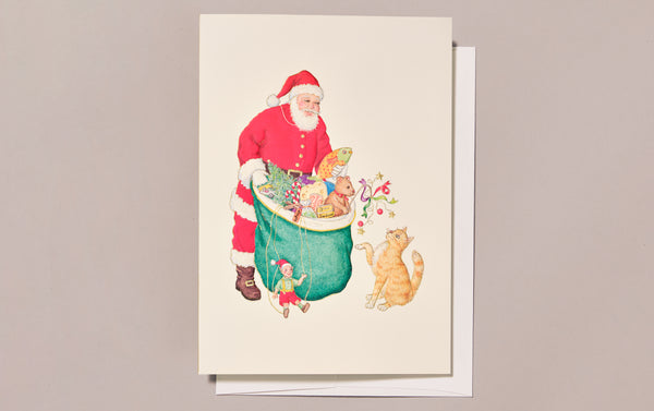 Engraved Santa with Cat and Presents Greeting Card