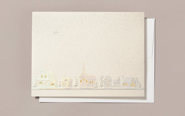 Engraved Christmas Village Snowy Night Greeting Card