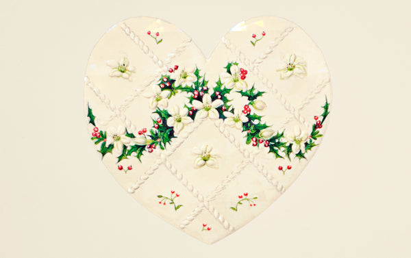 Engraved Christmas Quilted White Heart with Holly Greeting Card