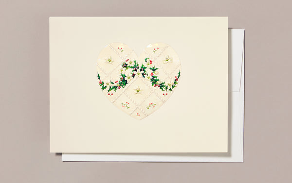 Engraved Christmas Quilted White Heart with Holly Greeting Card