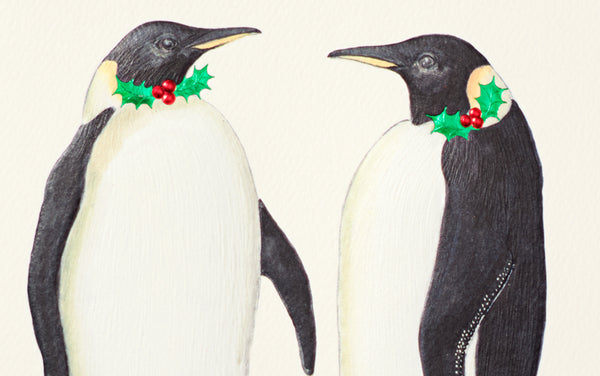 Engraved Christmas Penguins with Holly Greeting Card