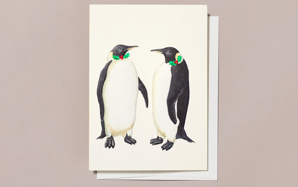 Engraved Christmas Penguins with Holly Greeting Card