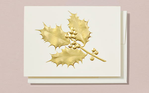 Engraved Gold Holly Branch Christmas Greeting Card