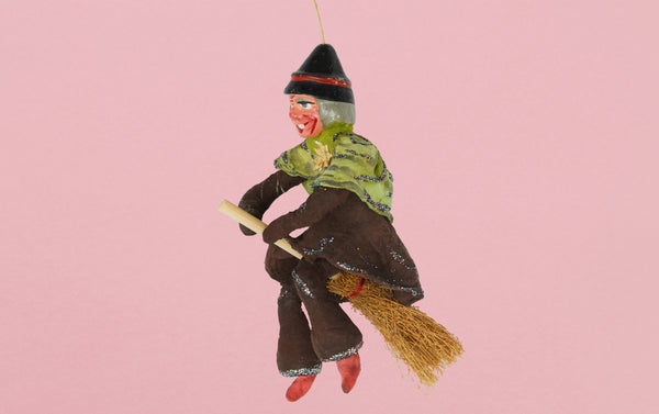 Christmas Ornament, Spun Cotton Witch on a Broomstick