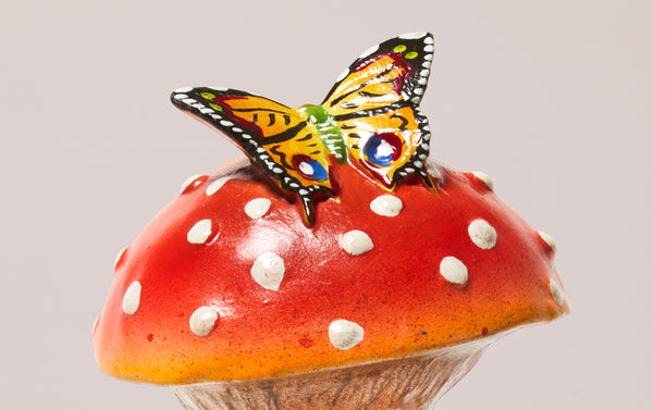 Papier-mâché Red Mushroom with Butterfly