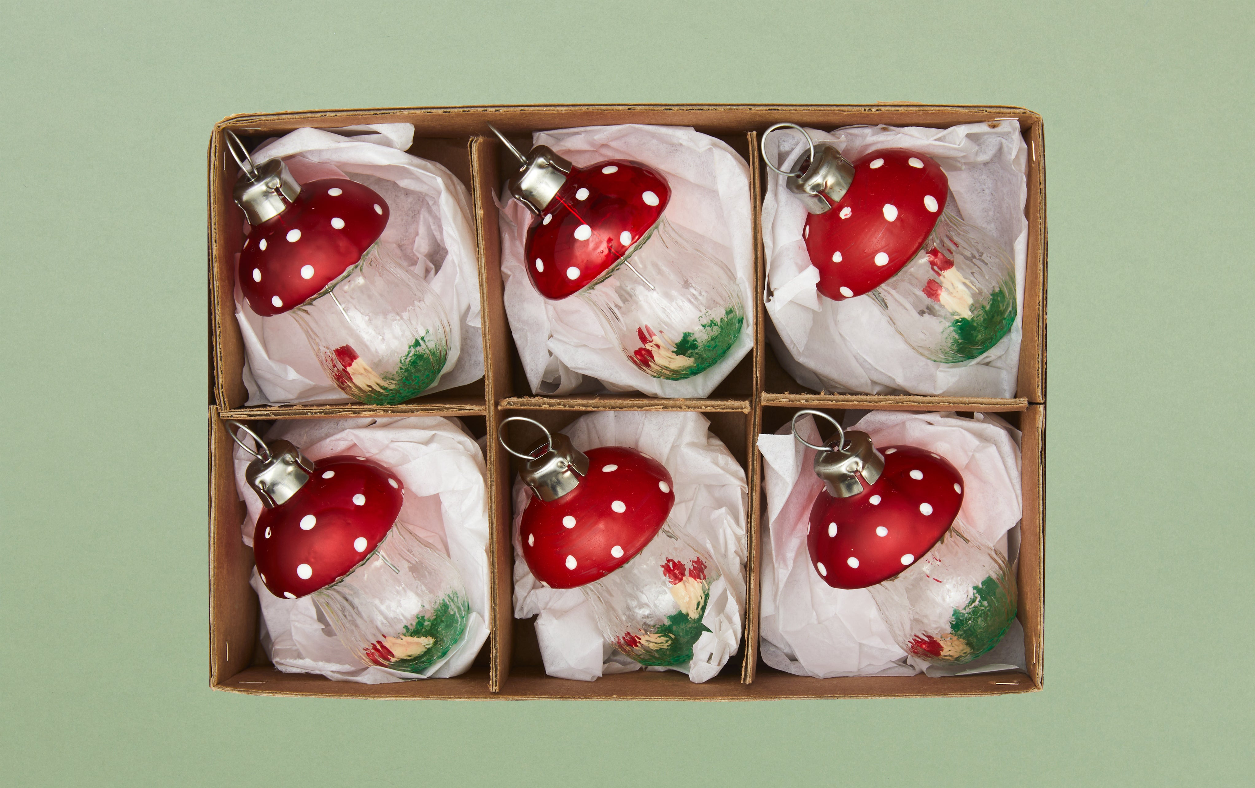 Set of 6 Clear Mushroom Christmas Ornaments