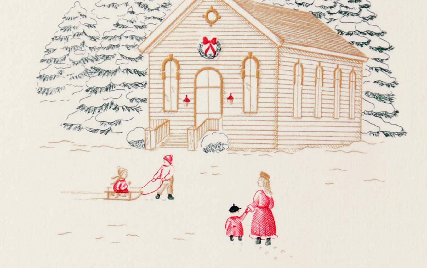 Chapel in the snow Gold Engraved Greeting Card