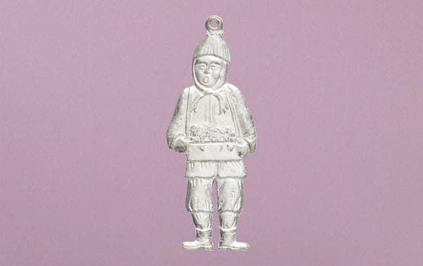 Tin Charm Ornament, Man with Basket