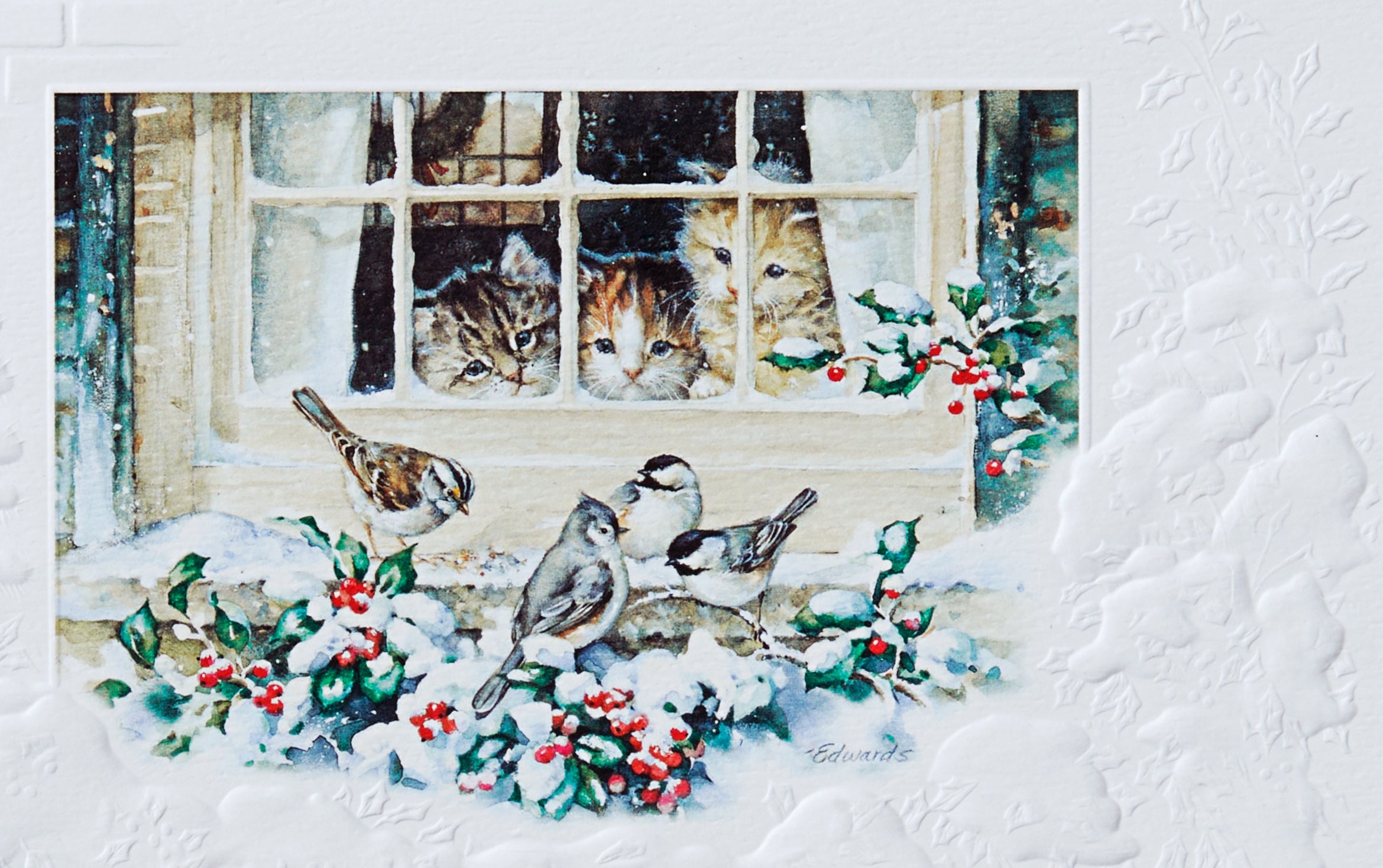 3 Kittens in Window Christmas Greeting Card