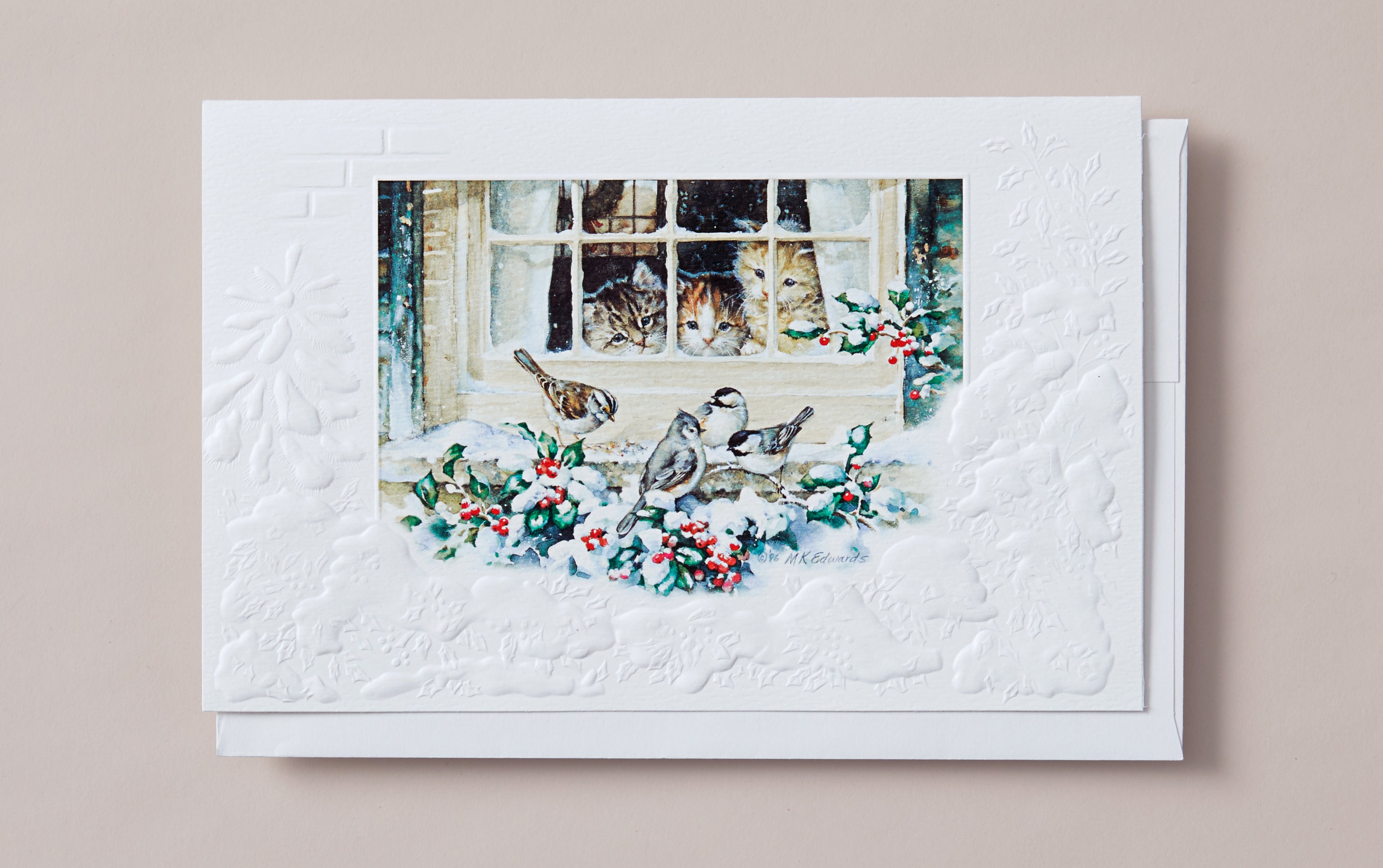 3 Kittens in Window Christmas Greeting Card