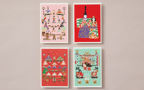 Set of 4 Silk-Screen Printed Japanese Christmas Greeting Cards, Hinamatsuri Dolls