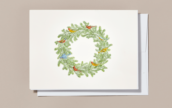 Engraved Christmas Snowy Wreath with Birds Greeting Card