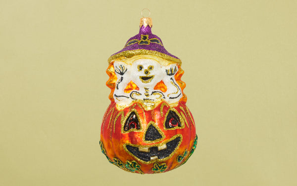 Pumpkin with Skeleton Glass Ornament