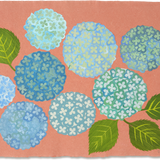 Denise Fiedler Floral Collage - 8 Blue/Green Hydrangea Heads on Orange Paper
