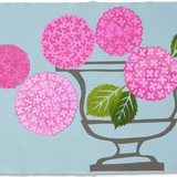 Denise Fiedler Floral Collage - 5 Magenta Hydrangeas in Grey Outline Urn on Blue Paper