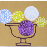 Denise Fiedler Floral Collage - 5 Blue, Green & Plum Hydrangea Heads in Plum Outline Vase on Brown Paper