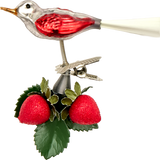 Bird with Strawberries Glass Ornament