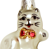 Mini White Cat with Bow Tie Glass Ornament