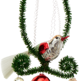 Bird and Bells in Tinsel Hoop Glass Ornament, Green and Red