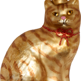 Ginger Cat with Red Ribbon Glass Ornament