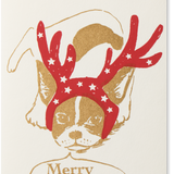 Silk Screen Printed Christmas Greeting Card, Frenchie with Reindeer Headband