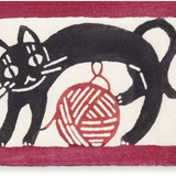 Katazome Mini Greeting Card, Black Cat and Knitting Yarn