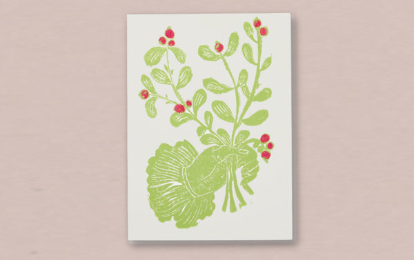 Woodblock Mistletoe Bouquet Greeting Card