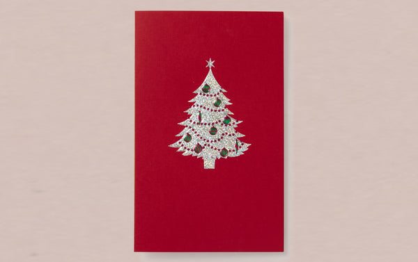 Engraved Silver on Red Christmas Tree Greeting Card