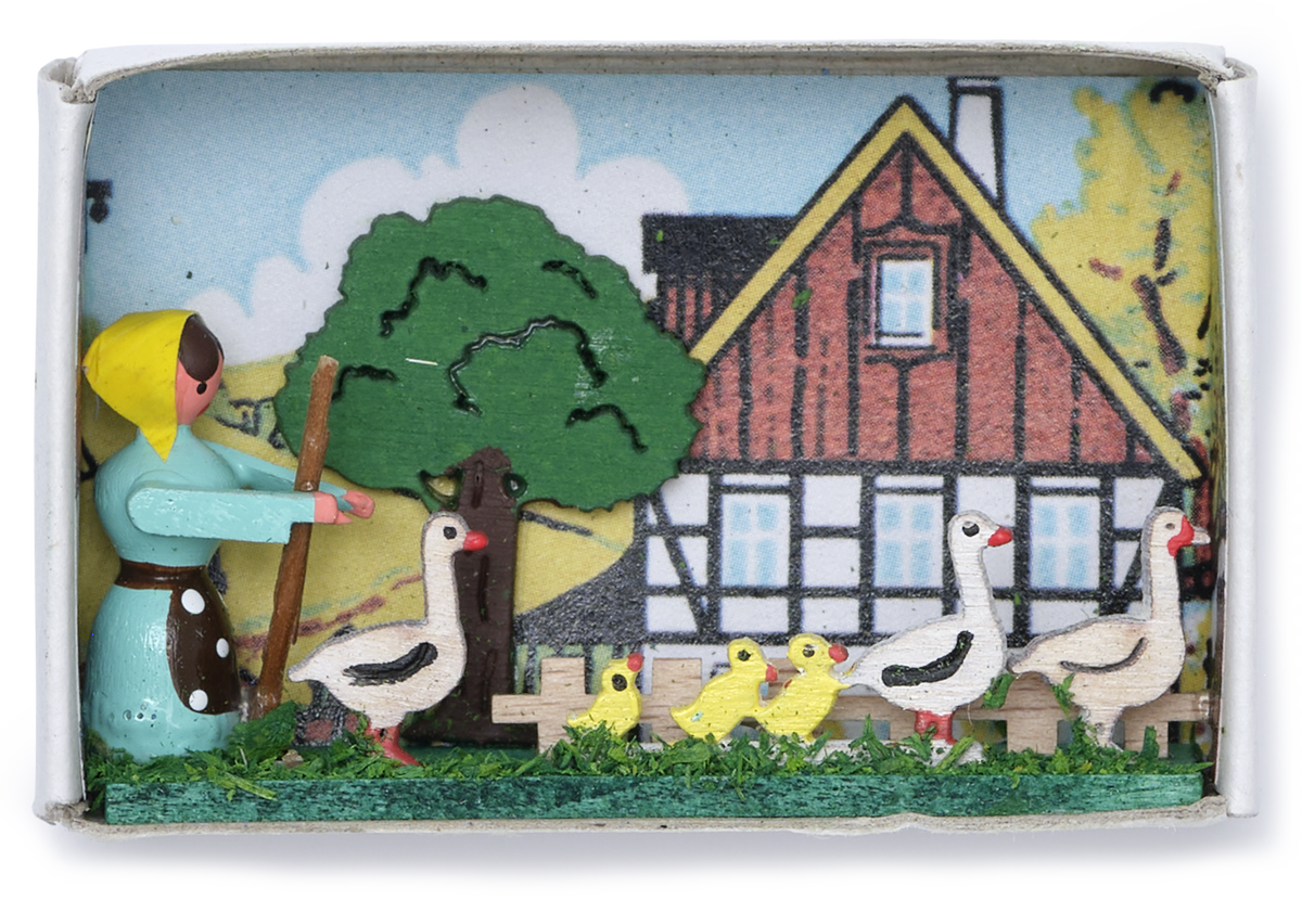 Wooden Miniature Matchbox Diorama, Lady with Ducks – Choosing Keeping