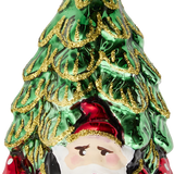 Shiny Tree with Santa Head and Red Mushrooms Glass Ornament