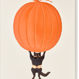 Engraved Pumpkin with Weightlifting Cat Greeting Card