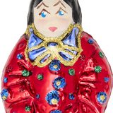 Red Harlequin with Blue Bow Glass Ornament