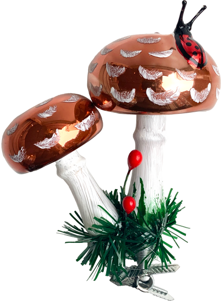 Double Brown Mushroom on Clip Glass Ornament