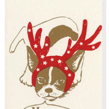 Silk Screened A6 Dimanche greeting card, Frenchie with Reindeer Headband