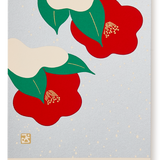 Silk Screen Japanese Postcard, Camellia in the Snow