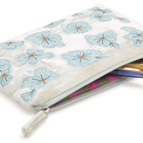 Silk Velvet Embroidered Pouch, Silver with Blue Petals