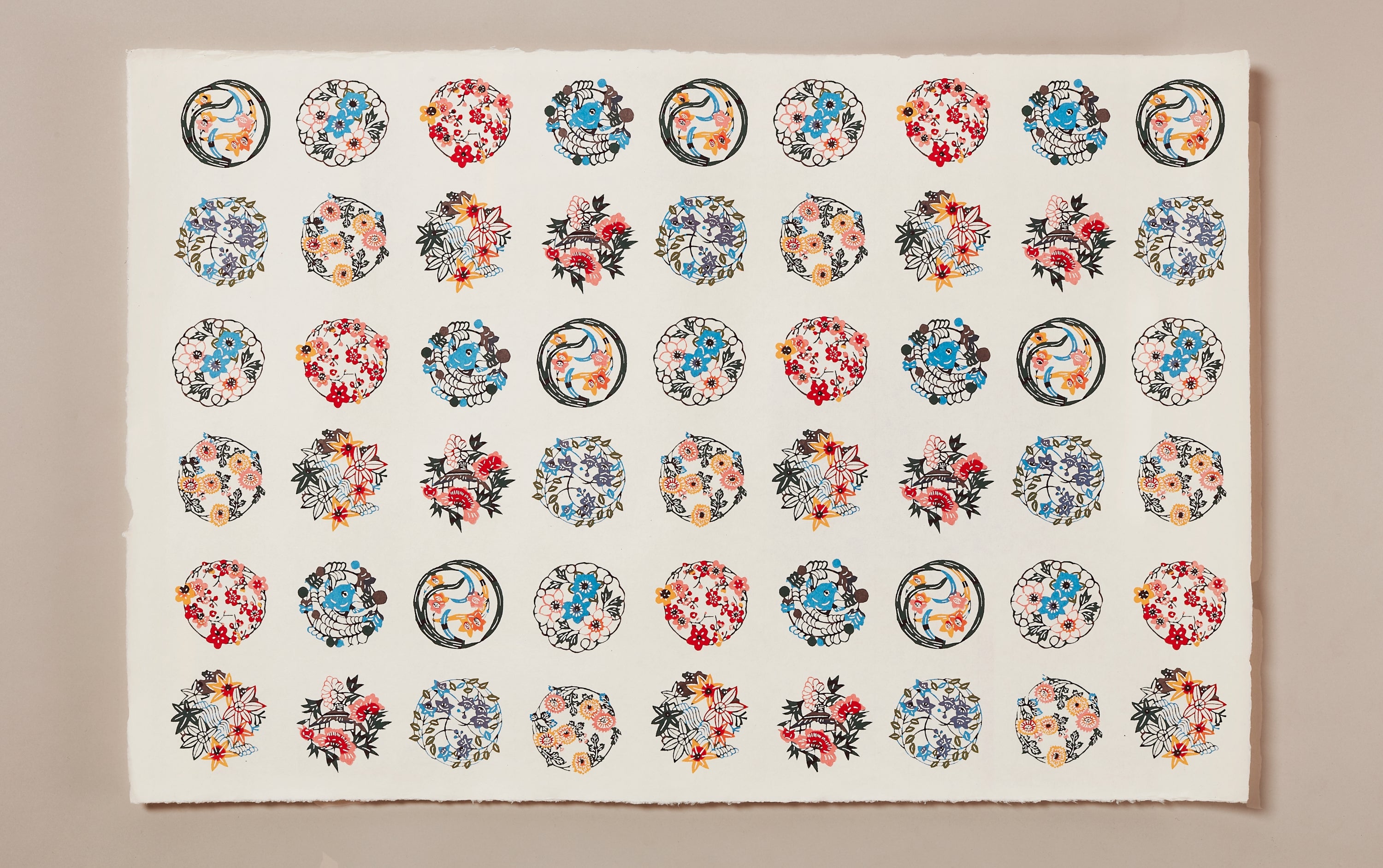 Katazome Silk Screen Print, Floral Circles