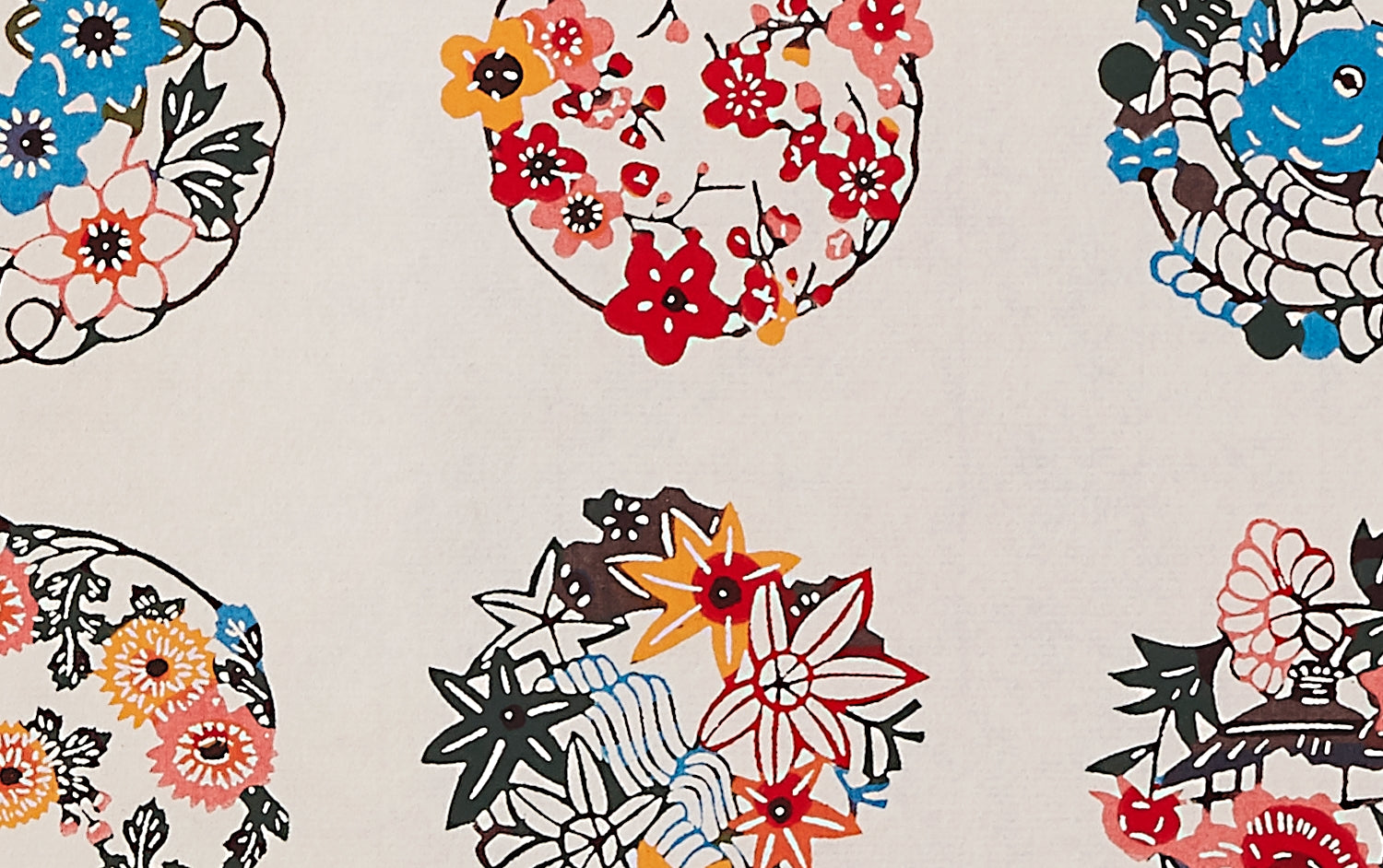 Katazome Silk Screen Print, Floral Circles
