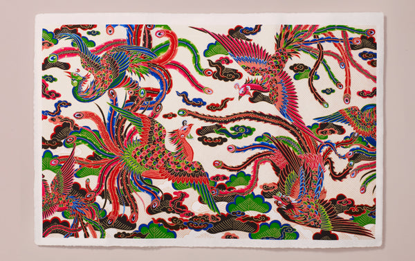 Full-Panel Chiyogami Silk Screen Print, White Phoenix