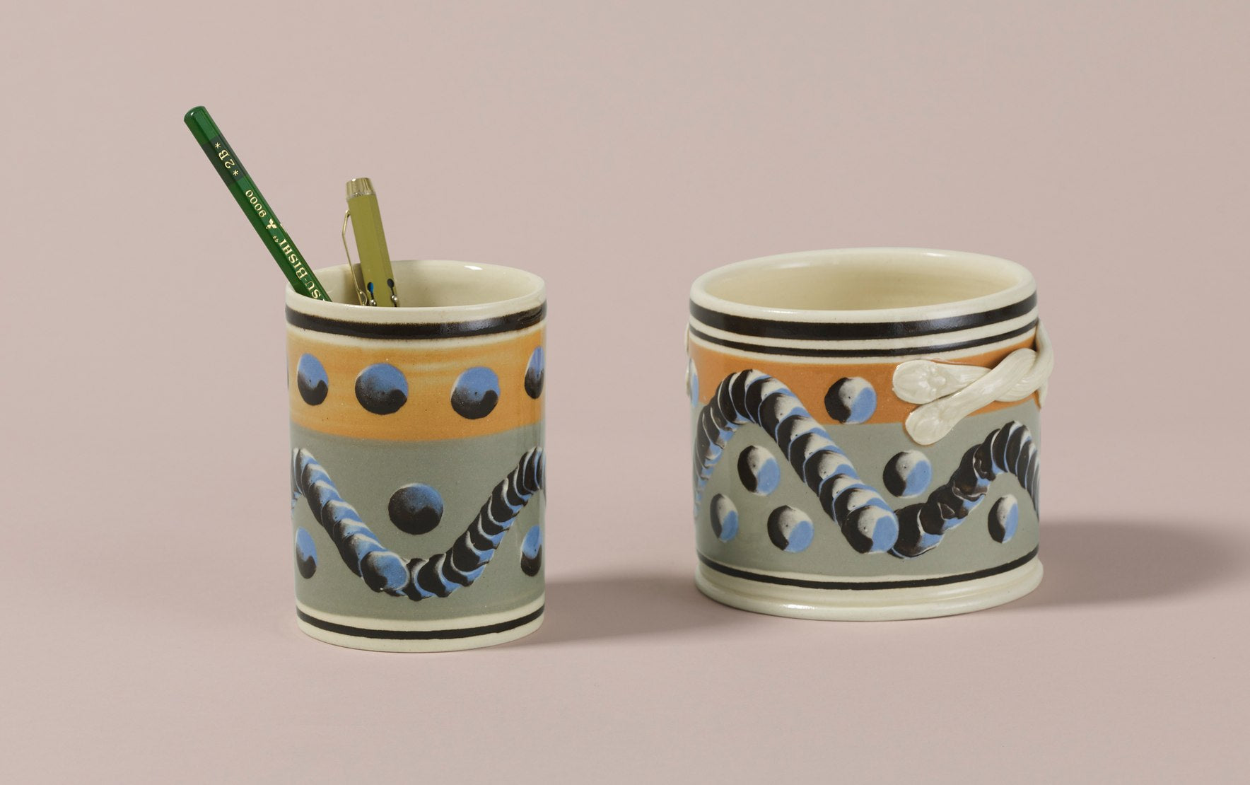 Dual-Tone Persimmon & Duck Egg Mochaware Ceramic Pen Pot, 'Earthworm'