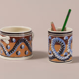 Dual-Tone Brown & Persimmon Mochaware Ceramic Pen Pot, 'Earthworm'